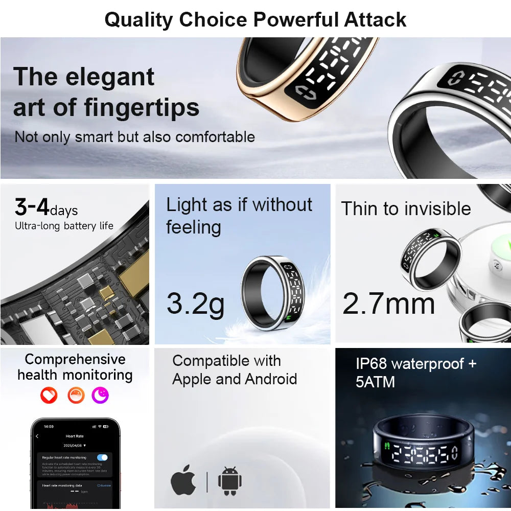 SY01 Smart Ring with LED Screen Bluetooth Health Monitoring Blood Oxygen Sleep Heart Rate Multi-Sport Modes Waterproof IP68&5ATM