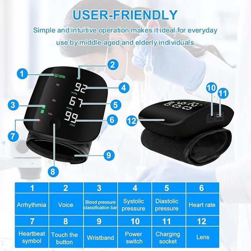 Touch Screen Wrist Blood Pressure Cuff,Wrist Blood Pressure Monitor Led Display,99X2 Reading Memory Wrist Bp Monitor with Carrying Case,Health Monitoring Adjustable.