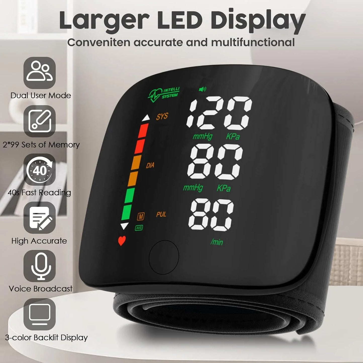 Wrist Blood Pressure Monitor Touch Screen LED Rechargeable